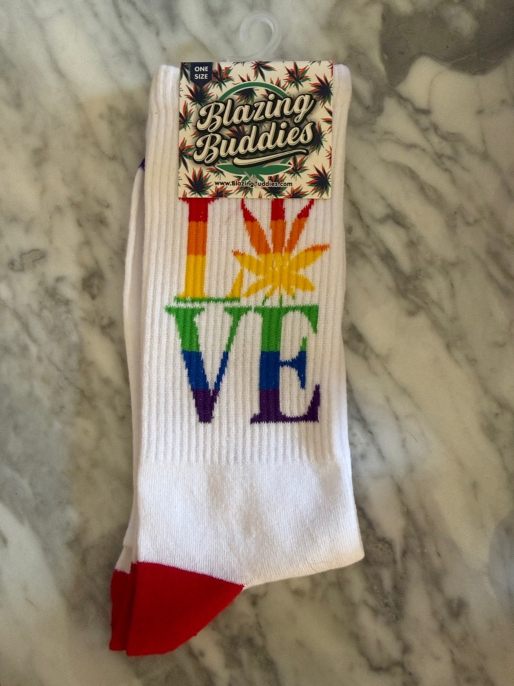White 'LOVE' Rainbow Crew Socks with Red Toe - Men
